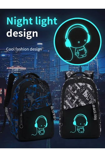 Ghiozdan Cu Figurină Design Fosforescent Capacitate Mare Și Port USB Negru Cu Albastru Închis 47*36*22cm