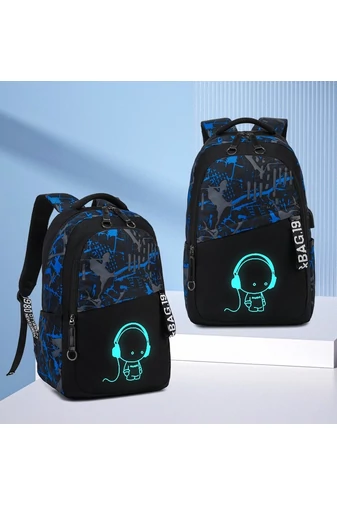 Ghiozdan Cu Figurină Design Fosforescent Capacitate Mare Și Port USB Negru Cu Albastru Închis 47*36*22cm