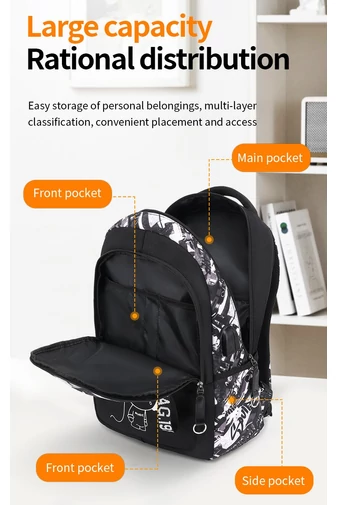 Ghiozdan Cu Figurină, Design Fosforescent, Capacitate Mare Și Port USB, Negru Cu Alb 47*36*22cm