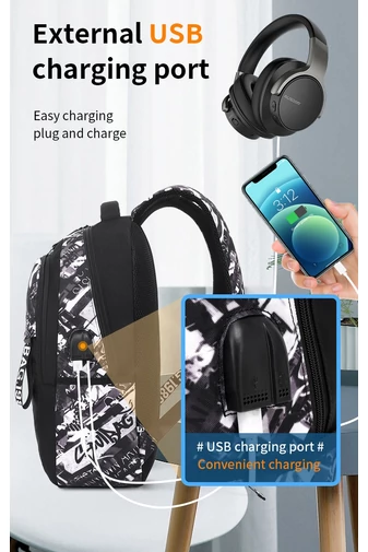 Ghiozdan Cu Figurină, Design Fosforescent, Capacitate Mare Și Port USB, Negru Cu Alb 47*36*22cm