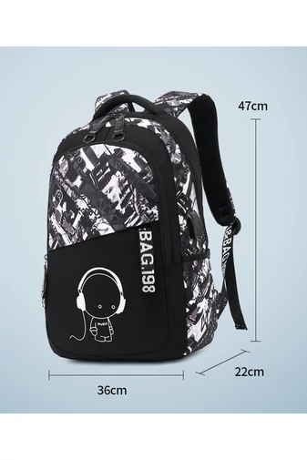 Ghiozdan Cu Figurină, Design Fosforescent, Capacitate Mare Și Port USB, Negru Cu Alb 47*36*22cm
