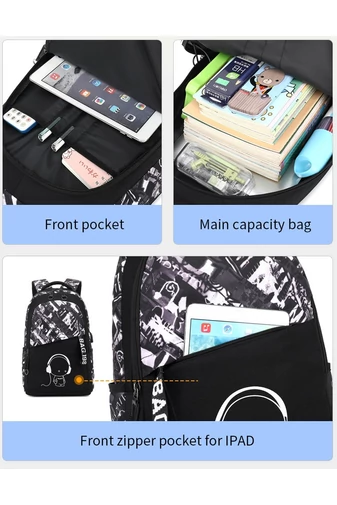 Ghiozdan Cu Figurină, Design Fosforescent, Capacitate Mare Și Port USB, Negru Cu Alb 47*36*22cm