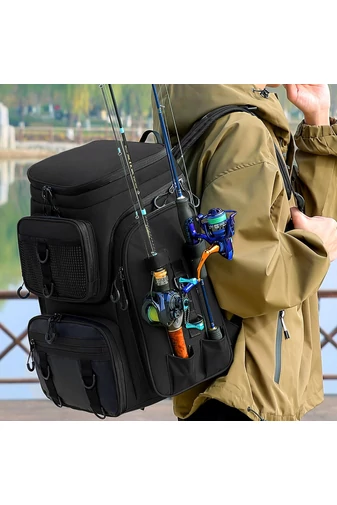 Rucsac Multifuncțional Negru Pentru Pescuit Din Material Oxford Impermeabil Și Rezistent 48*31*28cm