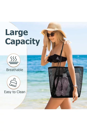eantă Plajă Din Plasă Cu Bază Din Material Oxford Neagră Pliabilă Ușoară Capacitate Mare 37*35*14cm Bonluo