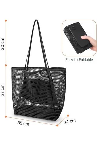 eantă Plajă Din Plasă Cu Bază Din Material Oxford Neagră Pliabilă Ușoară Capacitate Mare 37*35*14cm Bonluo