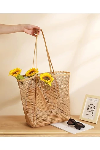 Geantă Plajă Din Plasă Cu Bază Din Material Oxford Maro Pliabilă Ușoară Capacitate Mare 37*35*14cm Bonluo