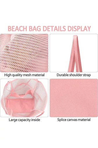 Geantă Plajă Din Plasă Cu Bază Din Material Oxford Roz Deschis Pliabilă Ușoară Capacitate Mare 37*35*14cm Bonluo