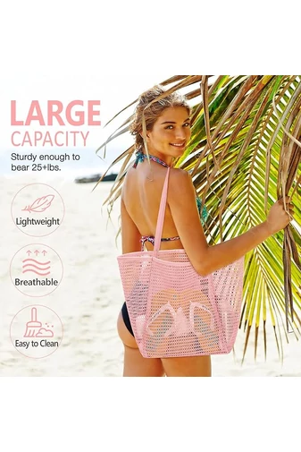 Geantă Plajă Din Plasă Cu Bază Din Material Oxford Roz Deschis Pliabilă Ușoară Capacitate Mare 37*35*14cm Bonluo