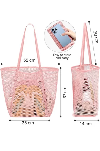 Geantă Plajă Din Plasă Cu Bază Din Material Oxford Roz Deschis Pliabilă Ușoară Capacitate Mare 37*35*14cm Bonluo