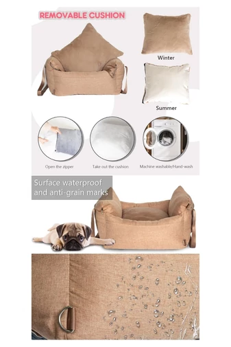 Scaun Auto Pentru Animale Husa Detașabilă Khaki Cu Bej Material Sintetic 60*50*30cm 