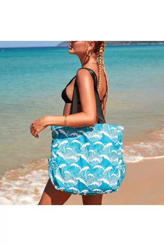 Geantă de Plajă Multifuncțională Din Poliester Impermeabilă Albastru Cu Valuri Capacitate Mare 40*34*12cm