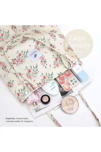 Geantă Tote Stil Sacosă Casual Pânză Bej Cu Flori Bonluo Spațioasă Rezistentă Și Elegantă 38*35*11cm