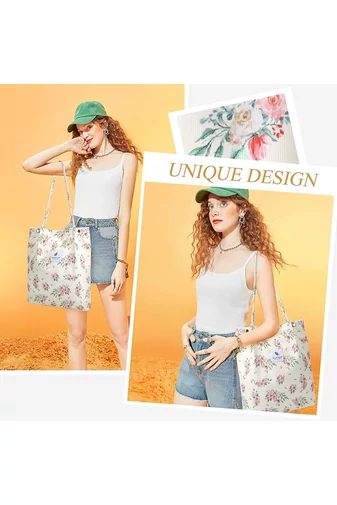 Geantă Tote Stil Sacosă Casual Pânză Bej Cu Flori Bonluo Spațioasă Rezistentă Și Elegantă 38*35*11cm