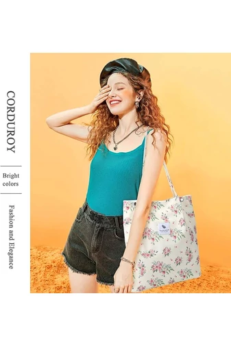 Geantă Tote Stil Sacosă Casual Pânză Bej Cu Flori Bonluo Spațioasă Rezistentă Și Elegantă 38*35*11cm