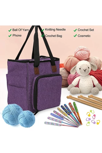 Geantă De Croșetat Și Tricotat Violet Bonluo Din Material Oxford 600D Portabilă Multiple Compartimente