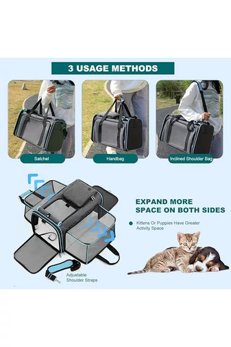 Geantă Extensibilă Pentru Animale De Companie Gri Cu Albastru Material Oxford Cu Ventilație Pliabil 48*30*31