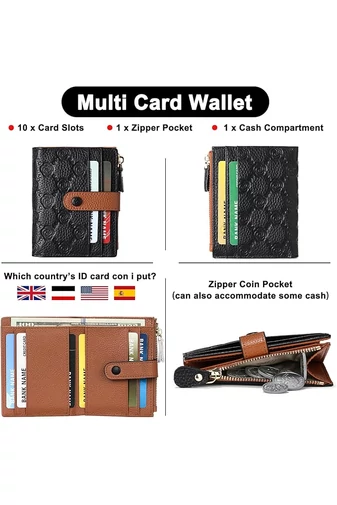 Portofel Damă Din Piele Naturală RFID Cu 10 Sloturi Carduri Negru Maro Bonluo 11,7*9*1,2cm
