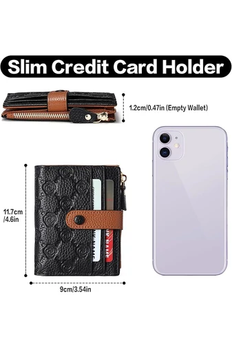 Portofel Damă Din Piele Naturală RFID Cu 10 Sloturi Carduri Negru Maro Bonluo 11,7*9*1,2cm