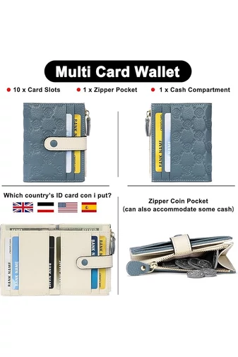 Portofel Damă Din Piele Naturală RFID Cu 10 Sloturi Carduri Albastru Alb Bonluo 11,7*9*1,2cm