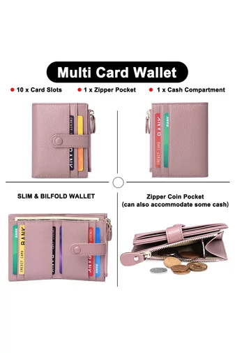 Portofel Damă Din Piele Naturală RFID Cu 10 Sloturi Carduri Violet Deschis Bonluo 11,7*9*1,2cm