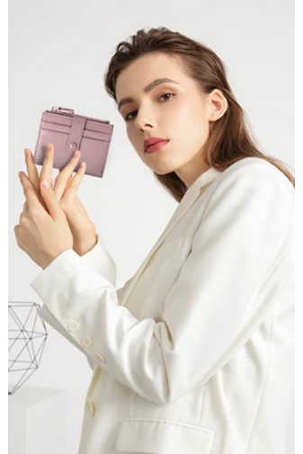 Portofel Damă Din Piele Naturală RFID Cu 10 Sloturi Carduri Violet Deschis Bonluo 11,7*9*1,2cm