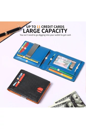 Portofel Slim RFID Din Piele PU Design Compact Negru Portocaliu Bonluo 12*9*1,5 cm