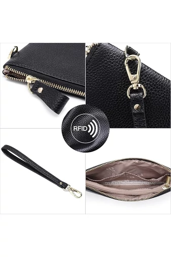Portofel Damă Din Piele Naturală Protecție RFID Negru Elegant Bonluo 11*19cm