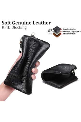 Portofel Damă Din Piele Naturală Protecție RFID Negru Elegant Bonluo 11*19cm
