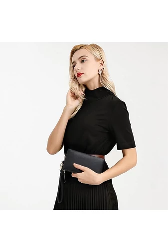 Portofel Damă Din Piele Naturală Protecție RFID Negru Elegant Bonluo 11*19cm