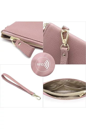 Portofel Damă Din Piele Naturală Protecție RFID Roz Elegant Bonluo 11*19cm