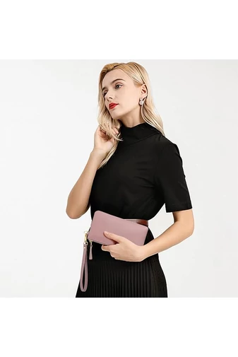 Portofel Damă Din Piele Naturală Protecție RFID Roz Elegant Bonluo 11*19cm
