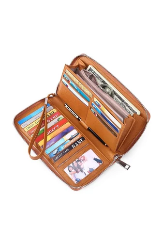 Portofel Damă Multifuncțional Maro Din PU Cu Fermuar Și Curea de Mână 22x12x3 cm Bonluo