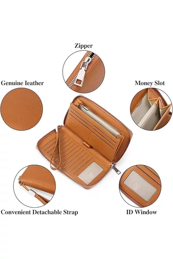 Portofel Damă Multifuncțional Maro Din PU Cu Fermuar Și Curea de Mână 22x12x3 cm Bonluo