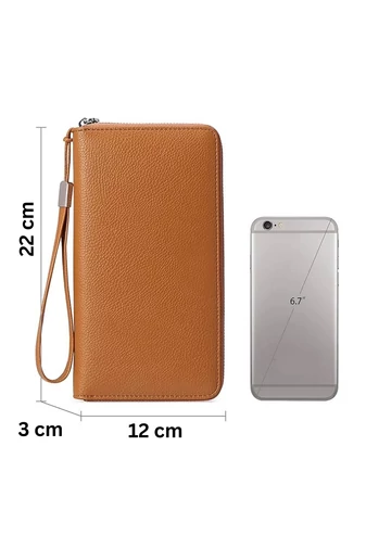 Portofel Damă Multifuncțional Maro Din PU Cu Fermuar Și Curea de Mână 22x12x3 cm Bonluo