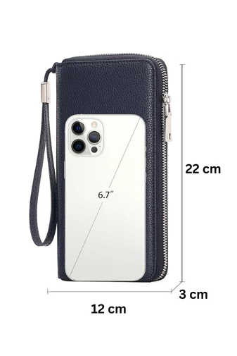 Portofel Damă Multifuncțional Albastru Închis Din PU Cu Fermuar Și Curea de Mână 22x12x3 cm Bonluo