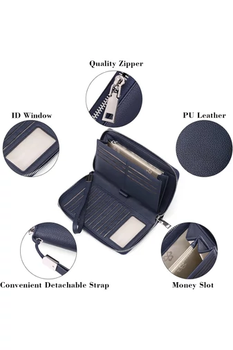 Portofel Damă Multifuncțional Albastru Închis Din PU Cu Fermuar Și Curea de Mână 22x12x3 cm Bonluo