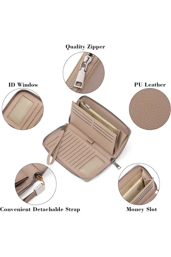 Portofel Damă Multifuncțional Kaki Din PU Cu Fermuar Și Curea de Mână 22x12x3 cm Bonluo