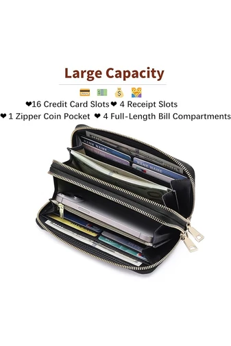 Portofel Damă Din PU Negru Cu Protecție RFID Model Floral Elegant Bonluo 19*10*4cm