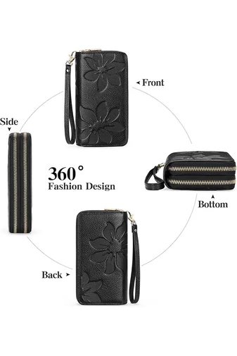 Portofel Damă Din PU Negru Cu Protecție RFID Model Floral Elegant Bonluo 19*10*4cm