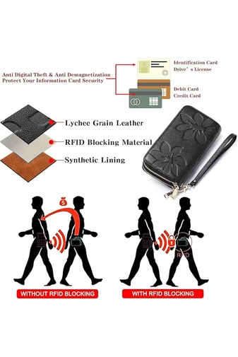 Portofel Damă Din PU Negru Cu Protecție RFID Model Floral Elegant Bonluo 19*10*4cm