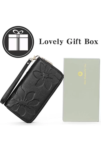 Portofel Damă Din PU Negru Cu Protecție RFID Model Floral Elegant Bonluo 19*10*4cm