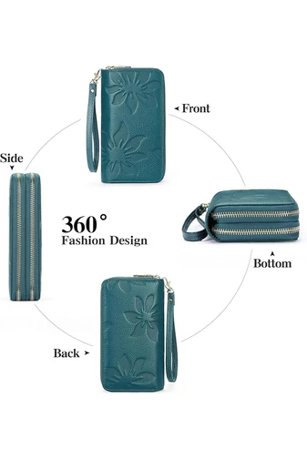 Portofel Damă Din PU Albastru Cu Protecție RFID Model Floral Elegant Bonluo 19*10*4cm