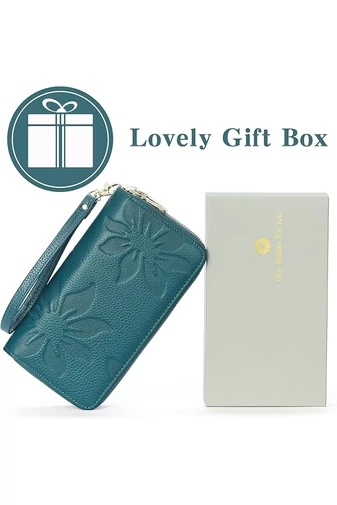 Portofel Damă Din PU Albastru Cu Protecție RFID Model Floral Elegant Bonluo 19*10*4cm