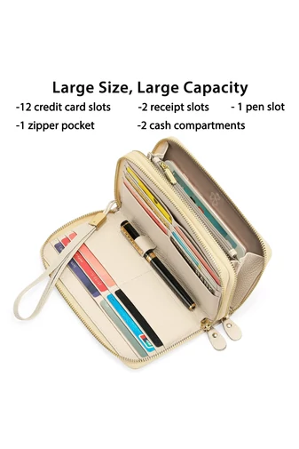 Portofel Damă Din Piele Naturală Cu Două Fermoare Compartiment Telefon Bej Bonluo 20*12*4cm