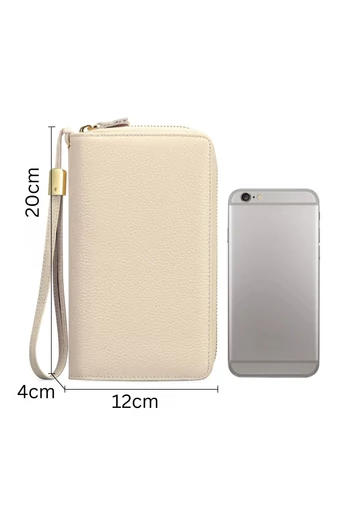 Portofel Damă Din Piele Naturală Cu Două Fermoare Compartiment Telefon Bej Bonluo 20*12*4cm