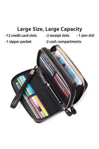 Portofel Damă Din Piele Naturală Cu Două Fermoare Compartiment Telefon Bej Bonluo 20*12*4cm