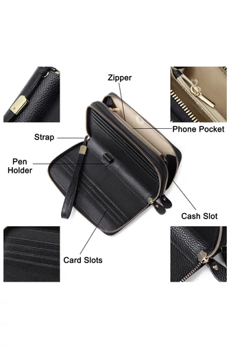 Portofel Damă Din Piele Naturală Cu Două Fermoare Compartiment Telefon Bej Bonluo 20*12*4cm