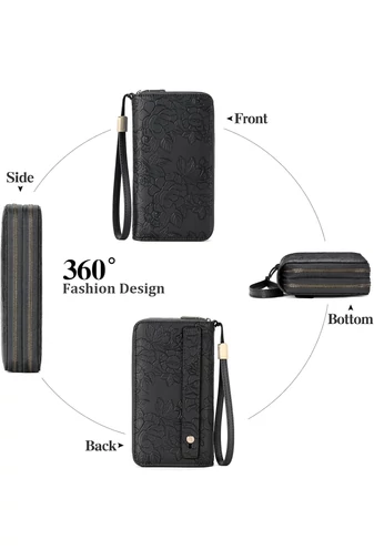 Portofel Damă Multifuncțional Negru Bonluo Din PU Cu Design Floral În Relief 19,5*11*5cm