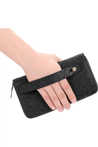 Portofel Damă Multifuncțional Negru Bonluo Din PU Cu Design Floral În Relief 19,5*11*5cm