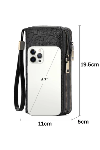Portofel Damă Multifuncțional Negru Bonluo Din PU Cu Design Floral În Relief 19,5*11*5cm